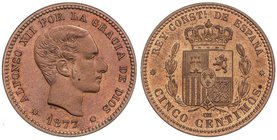 PESETA SYSTEM: ALFONSO XII
5 Céntimos. 1877. BARCELONA. O.M. Parte de brillo y color original, en reverso completo. Bonita pieza. SC.