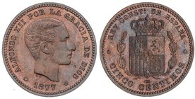 PESETA SYSTEM: ALFONSO XII
5 Céntimos. 1877. BARCELONA. O.M. Color y brillo originales. Bonita pátina irisada. SC/SC-.