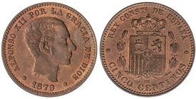 PESETA SYSTEM: ALFONSO XII
5 Céntimos. 1879. BARCELONA. O.M. Parte de brillo y color originales. Bonita pieza. SC.