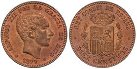 PESETA SYSTEM: ALFONSO XII
10 Céntimos. 1877. BARCELONA. O.M. Parte de brillo y color originales. Bonita pieza. SC.