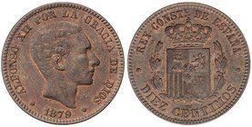 PESETA SYSTEM: ALFONSO XII
10 Céntimos. 1879. BARCELONA. O.M. Leves restos de brillo y color original. (Levisimos golpecitos en anverso). EBC.
