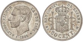 PESETA SYSTEM: ALFONSO XII
 50 Céntimos . 1885 (*8-6) . M.S-M . Brillo original. SC .
