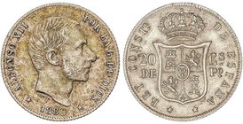 PESETA SYSTEM: ALFONSO XII
20 Centavos de Peso. 1880. MANILA. (Leves rayitas en anverso). Pátina verde. Restos de brillo original. RARA ASÍ. EBC+.
