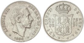 PESETA SYSTEM: ALFONSO XII
20 Centavos de Peso. 1880. MANILA. (Oxidaciones limpiadas). MUY ESCASA. (MBC+).