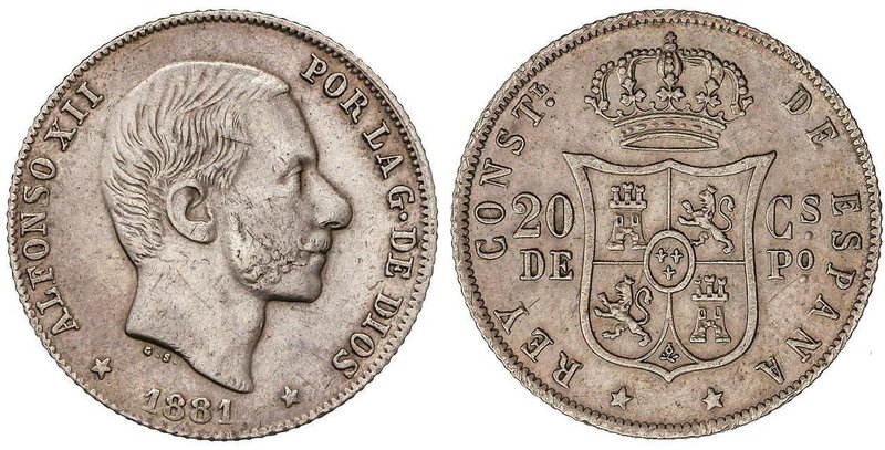 PESETA SYSTEM: ALFONSO XII
20 Centavos de Peso. 1881. MANILA. (Rayita en anvers...