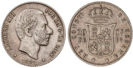 PESETA SYSTEM: ALFONSO XII
20 Centavos de Peso. 1881. MANILA. (Rayita en anverso). MBC/MBC+.