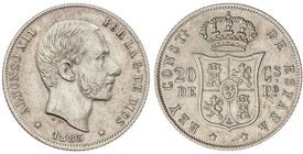 PESETA SYSTEM: ALFONSO XII
20 Centavos de Peso. 1883. MANILA. EBC-.