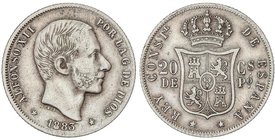 PESETA SYSTEM: ALFONSO XII
20 Centavos de Peso. 1883. MANILA. ESCASA ASÍ. MBC+.