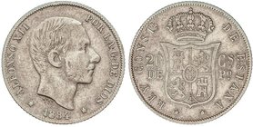 PESETA SYSTEM: ALFONSO XII
20 Centavos de Peso. 1884. MANILA. MBC-.