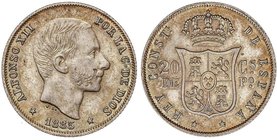 PESETA SYSTEM: ALFONSO XII
20 Centavos de Peso. 1885. MANILA. (Hojita en anverso). Bonita pátina. Restos de brillo original. SC-.