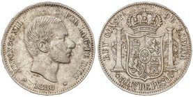 PESETA SYSTEM: ALFONSO XII
50 Centavos de Peso. 1880. MANILA. (Rotura de cuño en anverso). MUY ESCASA. MBC+.