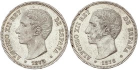 PESETA SYSTEM: ALFONSO XII
Lote 2 monedas 5 Pesetas. 1875 (*18-75) y 1876 (*18-76). D.E.-M. (La de 1875 oxidaciones limpiadas en reverso). Brillo ori...