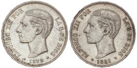 PESETA SYSTEM: ALFONSO XII
Lote 2 monedas 5 Pesetas. 1879 y 1881. (*18-79) E.M.-M. y (*18-81) M.S.-M. (La de 1879 oxidaciones limpiadas y la de 1881 ...