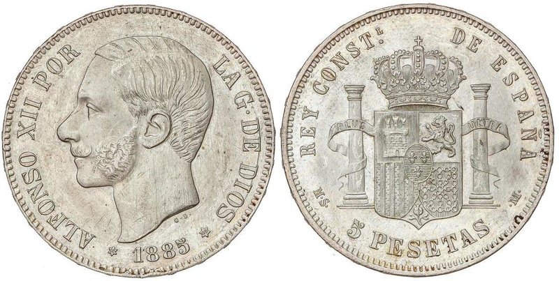 PESETA SYSTEM: ALFONSO XII
5 Pesetas. 1885 (*18-86). M.S.-M. EBC-/EBC.