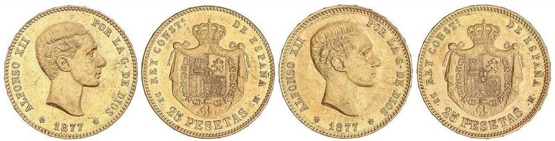 PESETA SYSTEM: ALFONSO XII
Lote 2 monedas 25 Pesetas. 1877 (*18-77). D.E.-M. EB...