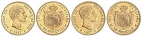 PESETA SYSTEM: ALFONSO XII
Lote 2 monedas 25 Pesetas. 1877 (*18-77). D.E.-M. EBC.