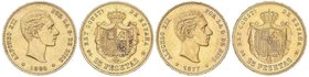 PESETA SYSTEM: ALFONSO XII
Lote 2 monedas 25 Pesetas. 1877 y 1880. (*18-77) D.E.-M. y (*18-80) M.S.-M. Cifras de las estrellas algo flojas, pero visi...