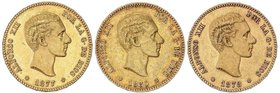 PESETA SYSTEM: ALFONSO XII
Lote 3 monedas 25 Pesetas. 1877, 1878 y 1880. (*18-77) D.E.-M., (*18-78) D.E.-M. y (*18-80) M.S.-M. A EXAMINAR. EBC a MBC+...