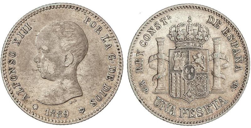 PESETA SYSTEM: ALFONSO XIII
1 Peseta. 1889 (*__-89). M.P.-M. (Rayas y hojita en...