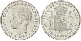 PESETA SYSTEM: ALFONSO XIII
20 Centavos de Peso. 1895. PUERTO RICO. P.G.-V. (Limpiada). (EBC-).