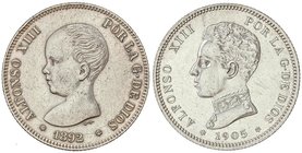 PESETA SYSTEM: ALFONSO XIII
Lote 2 monedas 2 Pesetas. 1892 y 1905. 1892 (*18-92) P.G.-M. y 1905 (*19-05) S.M.-V. MBC+ y EBC+.