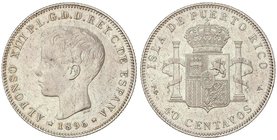 PESETA SYSTEM: ALFONSO XIII
40 Centavos de Peso. 1896. PUERTO RICO. P.G.-V. (Rayitas). ESCASA. MBC+.