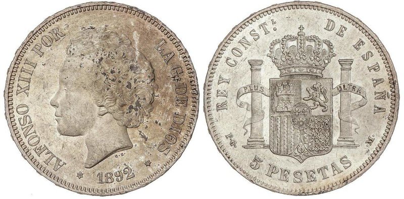 PESETA SYSTEM: ALFONSO XIII
 5 Pesetas . 1892 (*18-92) . P.G.-M. Tipo Bucles. (...