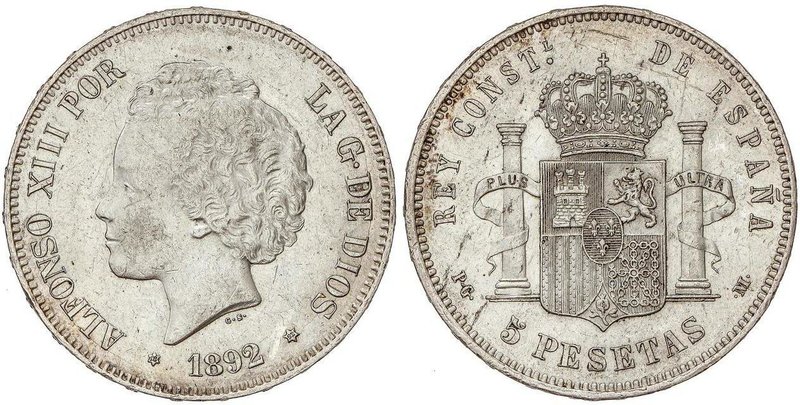 PESETA SYSTEM: ALFONSO XIII
5 Pesetas. 1892 (*18-92). P.G.-M. Tipo Bucles. (Peq...