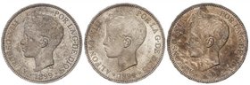 PESETA SYSTEM: ALFONSO XIII
 Lote 3 monedas 5 Pesetas . 1899 (*18-99) . S.G.-V. (Todas con suave pátina y Leves golpecitos). A EXAMINAR. EBC+ .