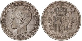 PESETA SYSTEM: ALFONSO XIII
1 Peso. 1895. PUERTO RICO. P.G.-V. ESCASA. MBC-/BC+.