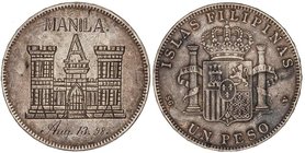 PESETA SYSTEM: ALFONSO XIII
1 Peso. (1897). MANILA. S.G.-V. Anv.: Castillo burilado entre MANILA / A y Aug. 13, 98. 23,81 grs. AR. MBC+.