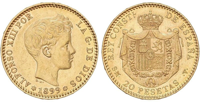 PESETA SYSTEM: ALFONSO XIII
20 Pesetas. 1899 (*18-99). S.M.-V. (Rayitas en anve...