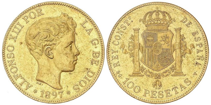 PESETA SYSTEM: ALFONSO XIII
100 Pesetas. 1897 (*18-97). S.G.-V. Restos de brill...