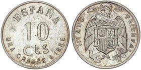 PESETA SYSTEM: ESTADO ESPAÑOL
 10 Céntimos. III AÑO TRIUNFAL (1939). BURGOS. 6,29 grs. AR-. PRUEBA en PLATA no adoptada. Estas piezas aparecieron en ...