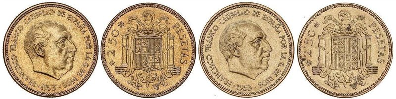 PESETA SYSTEM: ESTADO ESPAÑOL
Lote 2 monedas 2,50 Pesetas. 1953 (*19-70 y 19-71...
