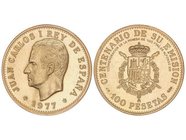 PESETA SYSTEM: JUAN CARLOS I
Medalla 100 Pesetas. 1977. (*19-77). AU. Ø 37 mm. CENTENARIO DE SU EMISIÓN. CONMEMORACIÓN DE LA MONEDA DE 100 PTAS. DE A...