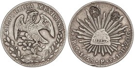 WORLD COINS: MEXICO
8 Reales. 1858. GUANAJUATO. P.F. 26,58 grs. AR. Resellos de Tailandia dudosos. (Golpecito en canto). KM-377.8. (MBC+).