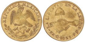 WORLD COINS: MEXICO
8 Escudos. 1851. GUANAJUATO. P.F. 26,72 grs. AU. Acuñación floja en parte, normal en estas piezas. (Pequeñas rayitas). Fr-72; KM-...