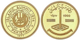 WORLD COINS: PAKISTAN
1.000 Rupias. 1977. 8,97 grs. AU. Cumbre Islámica. Tirada máxima: 400 piezas. MUY ESCASA. Fr-3; KM-50. PROOF.