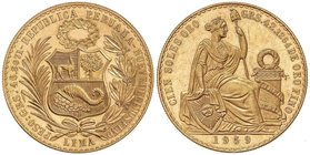 WORLD COINS: PERU
100 Soles. 1959. LIMA. 46,73 grs. AU. Tirada: 4.710 piezas. Fr-78; KM-231. SC.