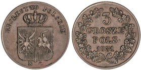 WORLD COINS: POLAND
3 Grosze. 1831-KG. VARSOVIA. 8,02 grs. AE. Levantamiento de Noviembre. RARA. Kopicki- 2745. MBC+.