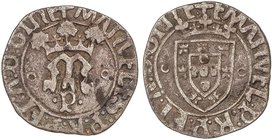 WORLD COINS: PORTUGAL
Vinten. MANUEL I (1495-1521). OPORTO. Anv.: ¶MANVUELES:P:R:P:ET:A:D:GINE. M gótica coronada, debajo P. Rev.: ¶EMANUEL:P:R:P:ET:...