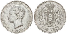 WORLD COINS: PORTUGAL
500 Reis. 1909/8. MANUEL II. 12,52 grs. AR. Sobrefecha muy clara. (Leves golpecitos en anverso). KM-547. EBC-/EBC.