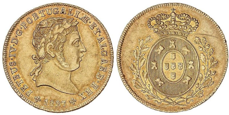 WORLD COINS: PORTUGAL
1/2 Peça (3200 Reis). 1827. PEDRO IV. 7,15 grs. AU. Tirad...