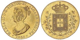 WORLD COINS: PORTUGAL
Peça (6.400 Reis). 1835. MARÍA II. 14,27 grs. AU. Brillo original. Bonita pieza. ESCASA. Fr-141; KM-407. EBC+.