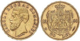 WORLD COINS: ROMANIA
20 Lei. 1890-B. CAROL I. BUCAREST. 6,42 grs. AU. (Golpecito en canto). Fr-3; KM-20. MBC+.