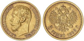 WORLD COINS: RUSSIA
5 Rublos. 1899-G FZ. NICOLÁS II. 4,27 grs. AU. Ensayador: ¶. Fr-180; Y-62. MBC+.