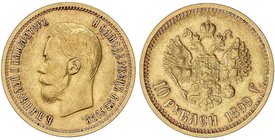 WORLD COINS: RUSSIA
10 Rublos. 1899-AG. NICOLÁS II. 8,55 grs. AU. Ensayador: A¶. Fr-179; Y-64. MBC+.