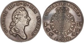 WORLD COINS: SWEDEN
Riksdaler. 1777-OL. GUSTAVO III. 29,38 grs. AR. Pátina irregular. Dav-1735; KM-514. MBC+.