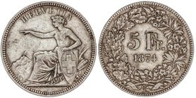 WORLD COINS: SWITZERLAND
5 Francos. 1874-B. BERNA. 24,96 grs. AR. Helvetía. ESCASA. KM-11. MBC/MBC+.